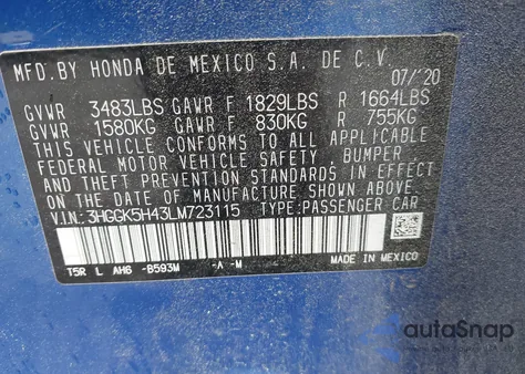 2020 Honda Fit Lx from USA, damaged, VIN 3HGGK5H43LM723115